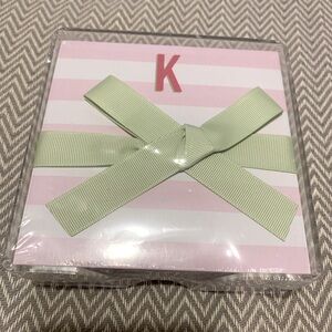NWT! Mary Square Pink Stripe 5 x 5 Paper K Initial Note Pad in Acrylic Tray.
